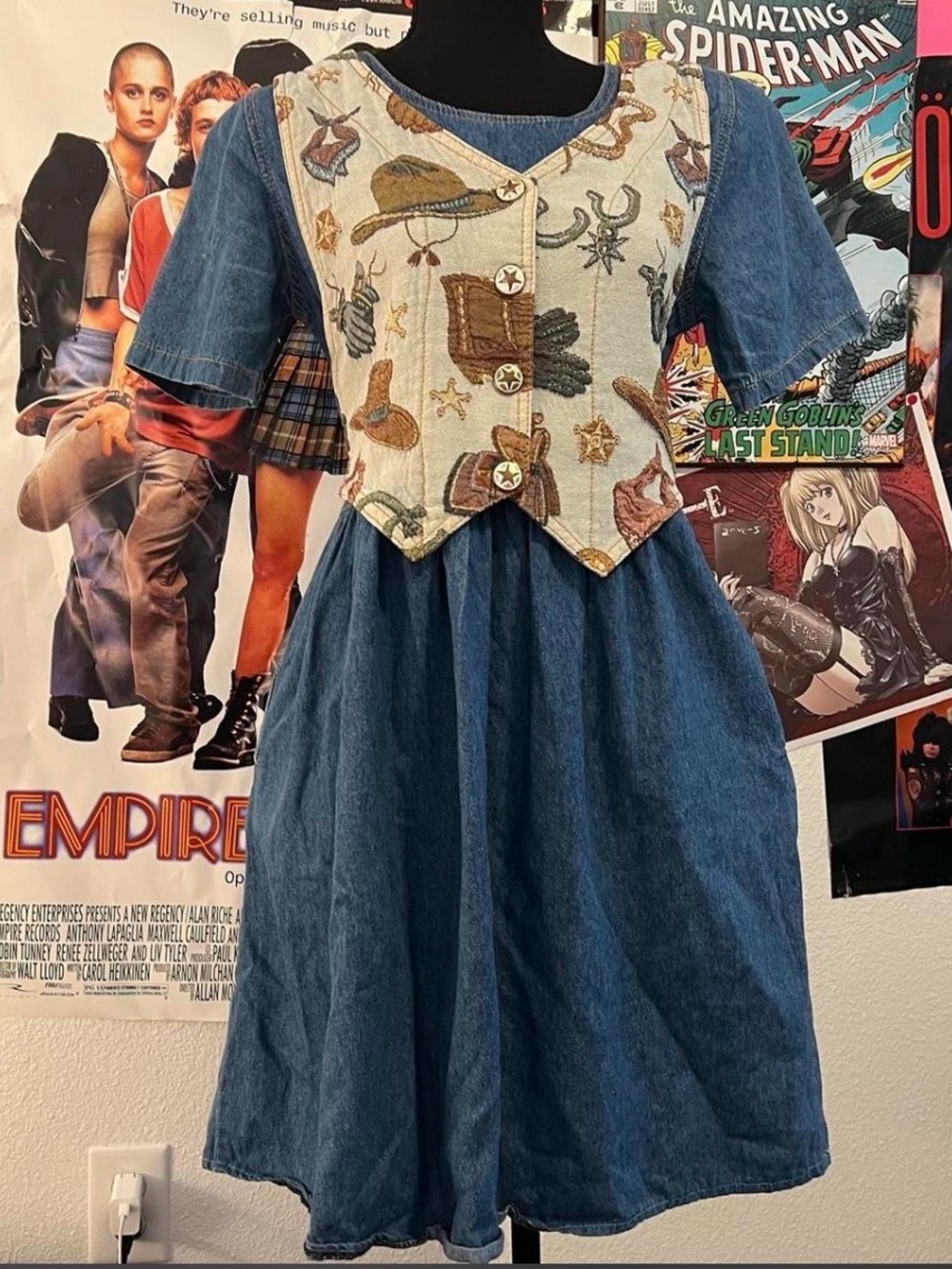 Denim Dress with Embroidered Western Vest